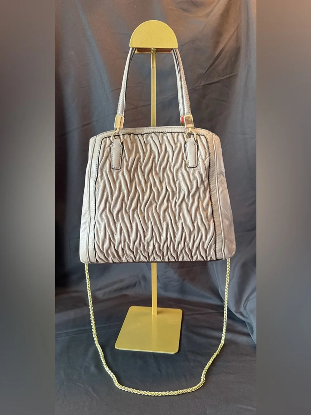 COACH Madison Madeline Taupe Ruched Leather Crossbody Bag with Gold Color Chain - Picture 2 of 12
